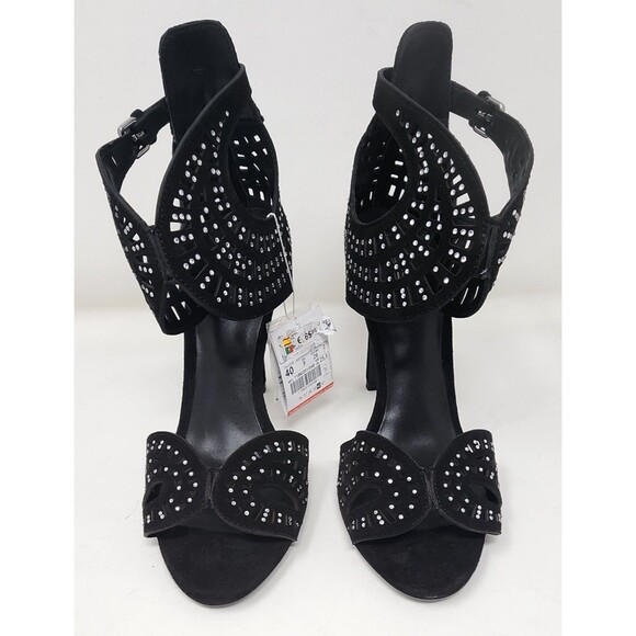 Zara Womens Black Leather Strappy 4" Heels Size 9 Open Toe Sandal Rhinestones - Picture 3 of 15